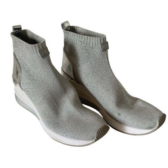 MICHAEL Michael Kors Skyler Silver Metallic Stretch Knit Sock Booties • Size 8 - Picture 1 of 8